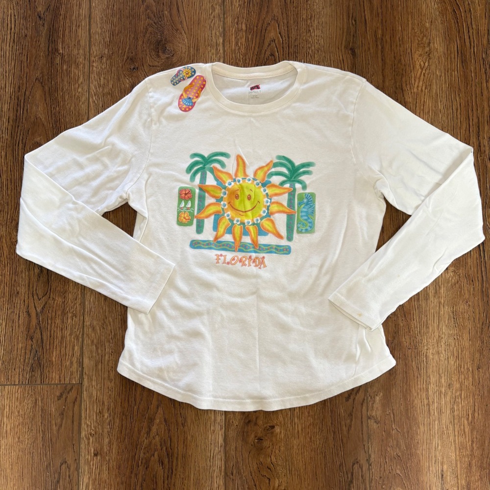 VTG Hanes Perfect T Florida Sun Graphic Long Sleeve Shirt 100% Cotton Womens‎ L
